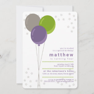 Convites Balões de Aniversário Roxo Verde e Cinza