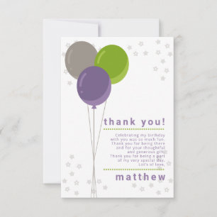 Convites Balões de Aniversário Roxo Verde e Cinza Obrigado.