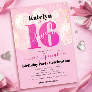 Convites Balões de Aniversário Sweet 16 Brilho Rosa Moderno