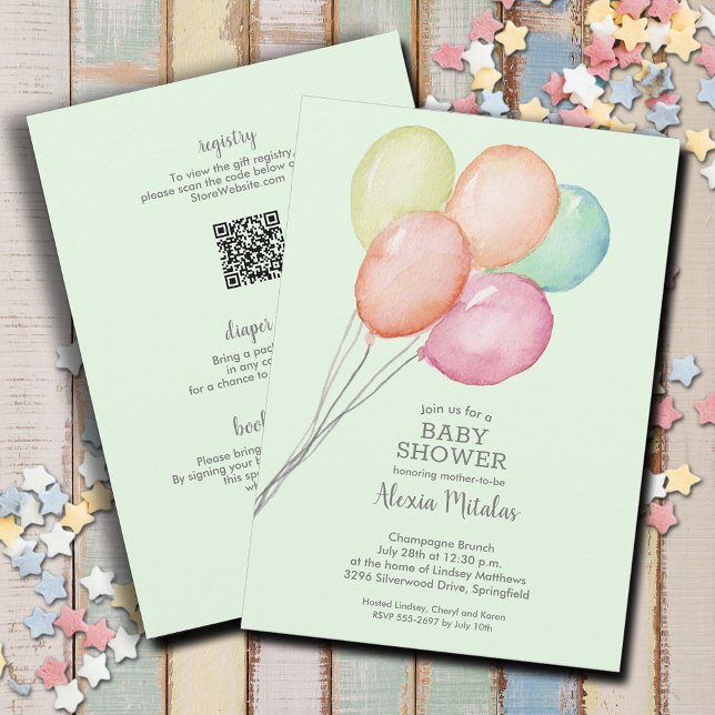 Convites Balões de Aquarela Bebê Verde Tudo Em Um Chá (Watercolor balloons unisex baby shower all in one invitations, PRINTED and/or INSTANT DOWNLOAD)