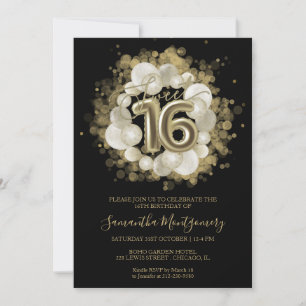 Convites Balões de Aquarela Dourada Sweet 16 Preta