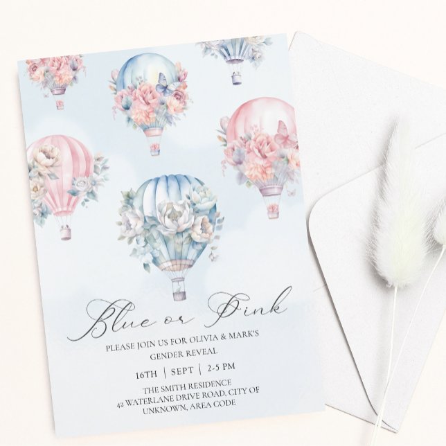 Convites Balões de ar quente, azuis e cor-de-rosa Revelação (Criador carregado)