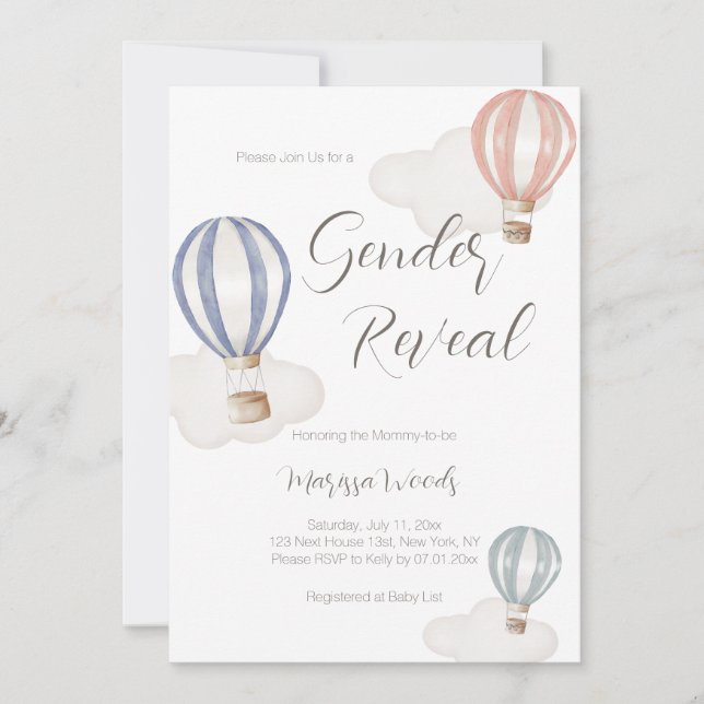 Convites Balões de Ar Quente Sexo Revela Cores de Pastel (Frente)