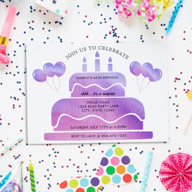 Convites Balões de Bolo de Aquarela Púrpura rosa 65.o anive (Pink Purple Watercolor Cake Balloons 65th Birthday Invitation)