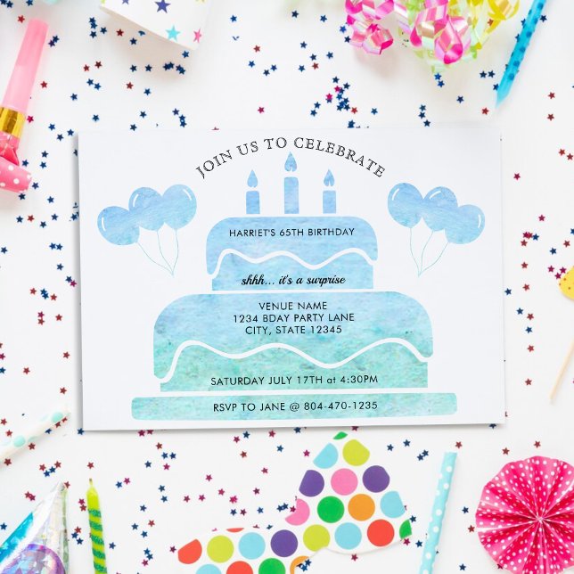 Convites Balões de Bolo de Cama Verde Azul 65.º Aniversário (Blue Green Watercolor Cake Balloons 65th Birthday Invitation)