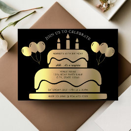 Convites Balões de Bolo Pretos e Dourados 65.º Aniversário