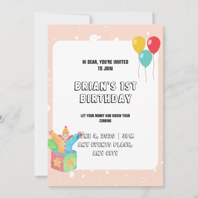 Convites Balões de bordas cor-de-rosa primeiro aniversario  (Frente)