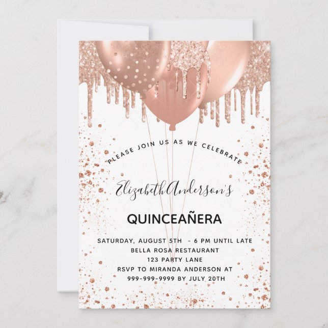 Convites Balões de brilho branco de rosa de quinceanera (Frente)