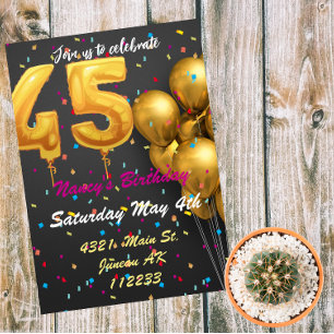 Convites Balões de brilho Dourados e coloridos 45 anos