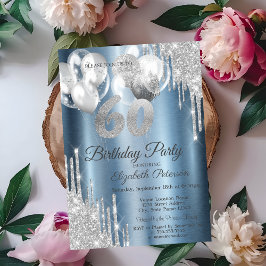 Convites Balões de Brilho Prateado Caindo Azul Metálico 60º