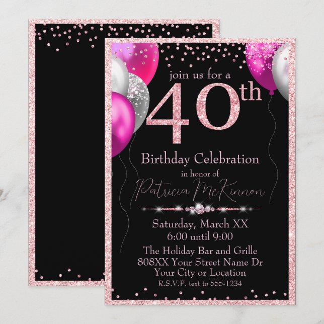 Convites Balões de Brilho Preto e Rosa 40º Aniversário (Frente/Verso)