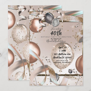 Convites Balões de Brilho Rosa Dourado Rosa 40º Aniversário