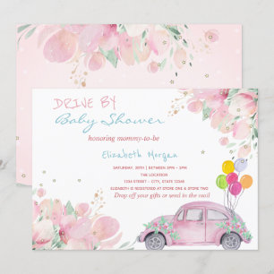 Convites Balões de Carro Rosa Flores Desfile Festa de Bebê