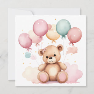 Convites Balões de Chá de fraldas de Aquarela Cuja Teddy Be