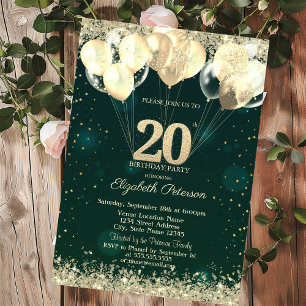 Convites Balões de Confete Brilhante Dourado Chic Verde 20º