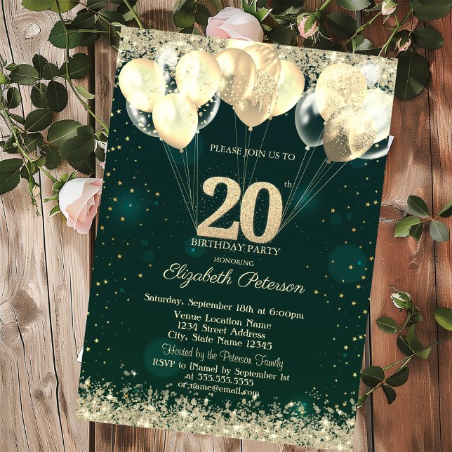 Convites Balões de Confete Brilhante Dourado Chic Verde 20º (Criador carregado)
