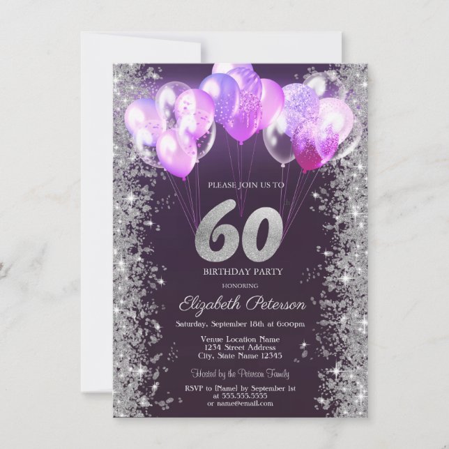 Convites Balões de Confete Brilhante Roxo Aniversário de 60 (Frente)