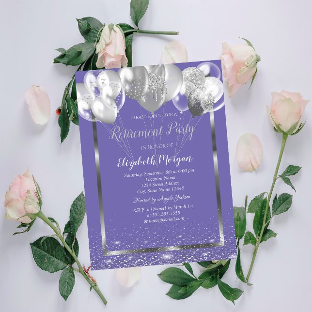 Convites Balões de Confete de Moldura Prata Violeta Aposent (Criador carregado)