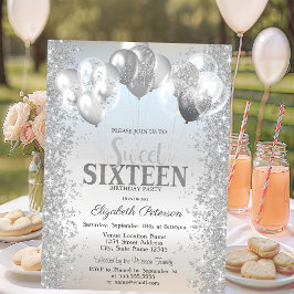 Convites Balões de Confete Prateados Glamurosos Sweet 16