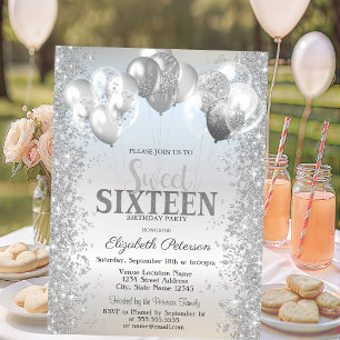Convites Balões de Confete Prateados Glamurosos Sweet 16