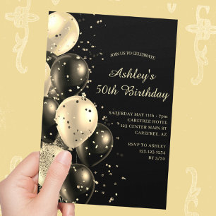 Convites Balões de Confete Preto e Dourado Aniversário de 5