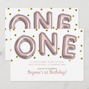 Convites Balões de Confetes em Rose Gold Aniversário de 1 U