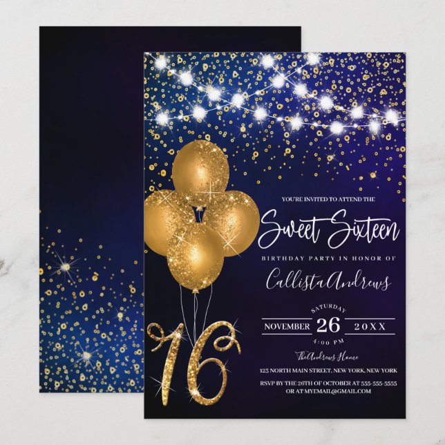 Convites Balões de Confetti Dourados com brilho Luzes Doce  (Frente/Verso)