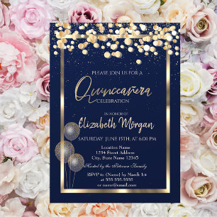 Convites Balões de Confetti Marinho Azul Quinceañera
