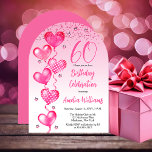 Convites Balões de Coração Rosa Elegante 60ª Festa de anive<br><div class="desc">Elegante falso brilho e balões rosa padronizados com cordas de fita rosa e estrelas de sotaque rosa "60" 60º convite para comemoração da festa de aniversário.</div>