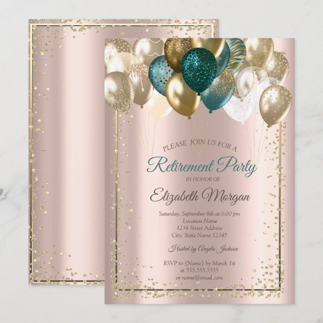 Convites Balões de Diamantes Elegantes Aposentadoria Dourad (Frente/Verso)