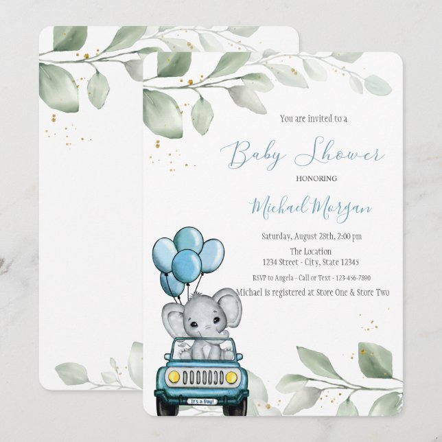 Convites Balões de Elefante Carro Folhas Chá de Bebê (Frente/Verso)