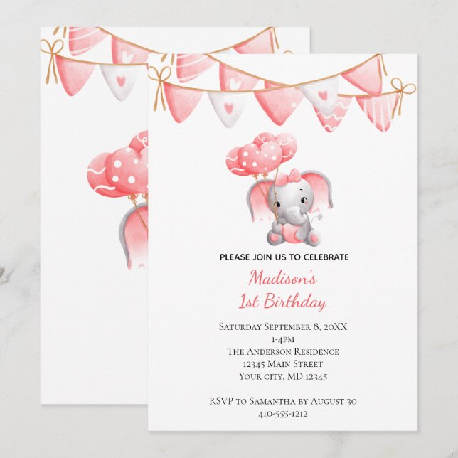 Convites Balões de Elefante Rosa Aniversário de Menina Bebê (Frente/Verso)