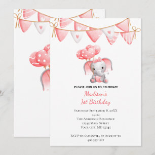 Convites Balões de Elefante Rosa Aniversário de Menina Bebê