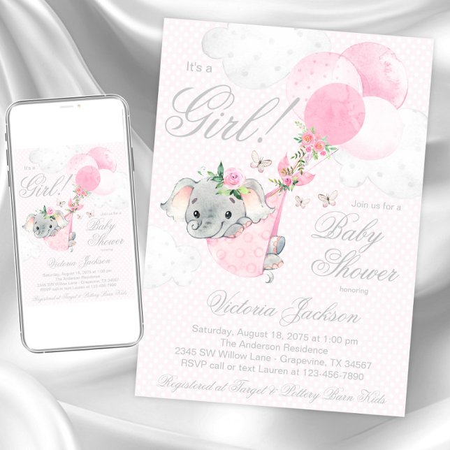 Convites Balões de Elefante Rosa Bege Borboleta Chá de Bebê (Girl elephant baby shower invitation. Instant download and printed invitations available.)