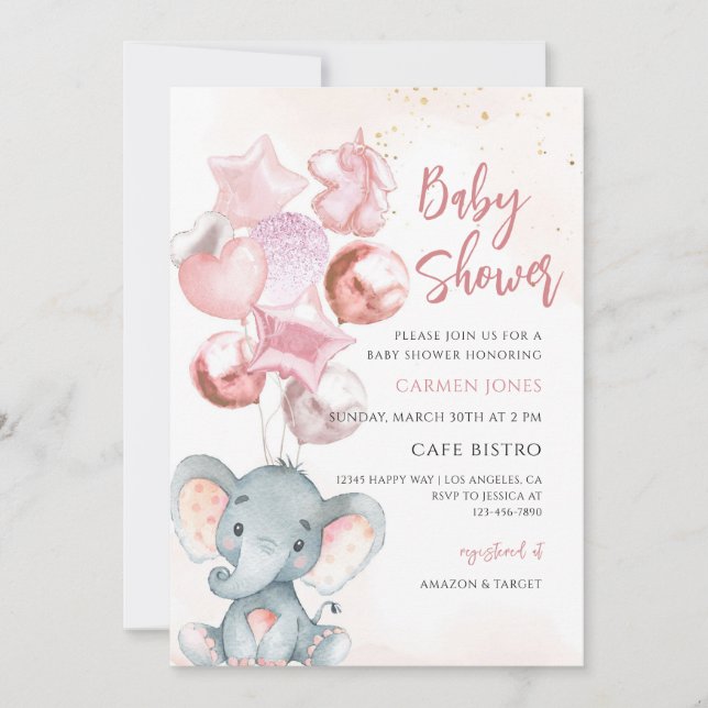 Convites Balões de Elefante Rosa para Chá de Bebê Menina (Frente)