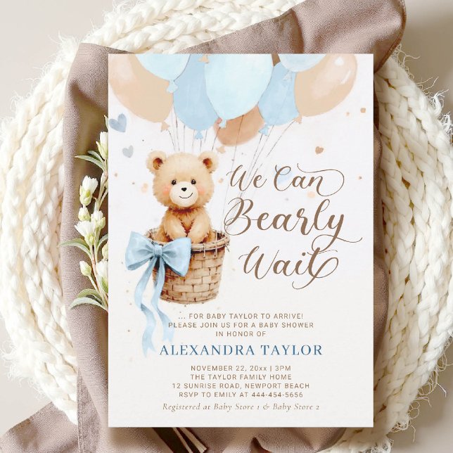 Convites Balões de Espera Arco Chá de fraldas Azul Tan Boy (bearly wait baby shower invitation boy blue brown hot air balloons bow calligraphy watercolor)