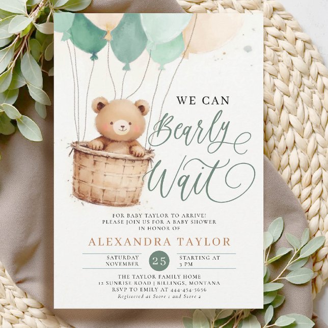 Convites Balões de Espera Brancos Bear Sage Baby Boy Chá (bearly wait baby shower invitation boy green sage hot air balloons whimsical calligraphy watercolor)