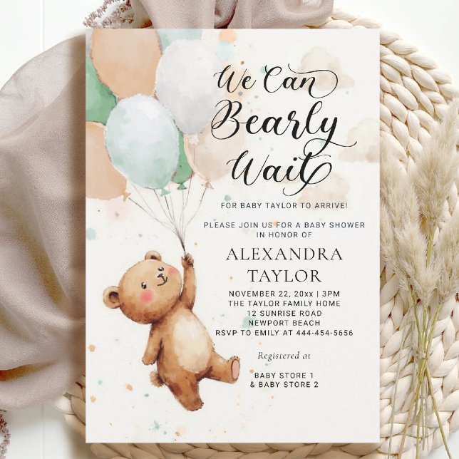 Convites Balões de Espera Brancos Sábios Tan Bear Baby Chá (bearly wait baby shower invitation boy sage green tan balloons whimsical calligraphy watercolor)