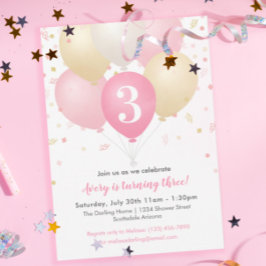 Convites Balões de Festa de aniversário Rosa, Dourado e Bra