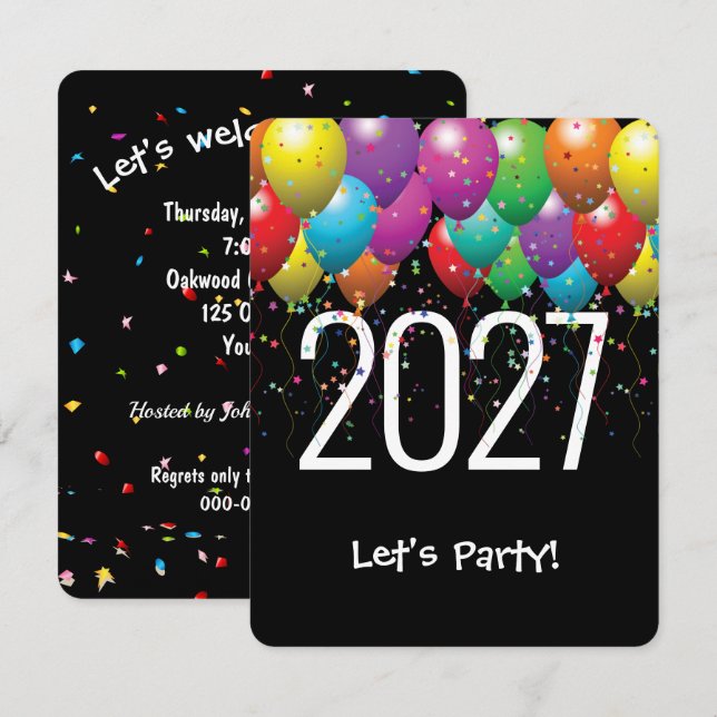 Convites Balões de Festa de Ano Novo 2027 (Frente/Verso)