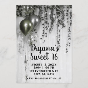 Convites Balões de Festa Metálicos Verde Prata Ivy Sweet 16