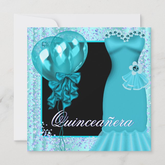 Convites Balões de festa roxos azul turquesa para Quinceane (Frente)