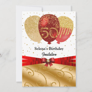 Convites Balões de Fita de Seda Aniversário 50 Red Gold