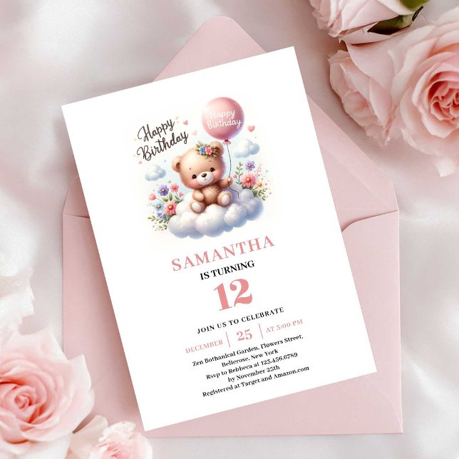 Convites Baloes de flores de ursinho fofo menina aniversári (Cute teddy bear balloon flowers girl birthday invitation

)