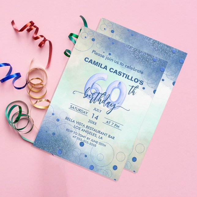 Convites Balões de folha azul Elegante 60ª Festa de anivers (Criador carregado)