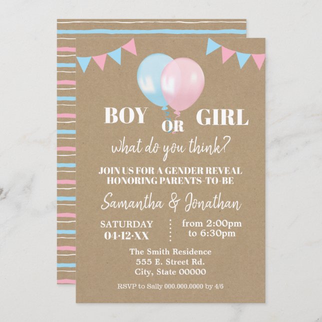 Convites Balões de gênero revelam rapaz ou bebê (Frente/Verso)