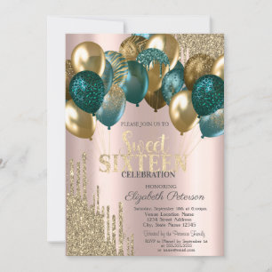 Convites Balões de Glitter Dourado Rose Gold Sweet 16