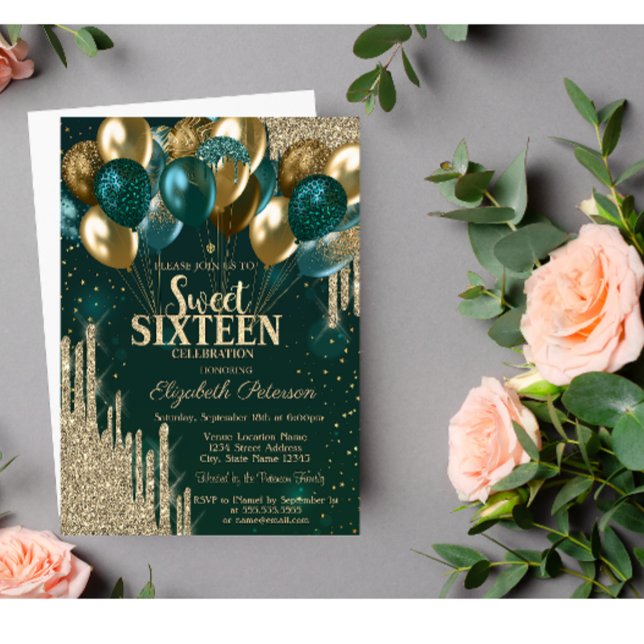 Convites Balões de Glitter Drips Dourado Verde Sweet 16 (Criador carregado)