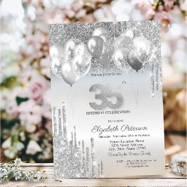 Convites Balões de Glitter Prateado com Gotas 35º Aniversár