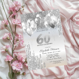 Convites Balões de Glitter Prateado com Gotas 60º Aniversár